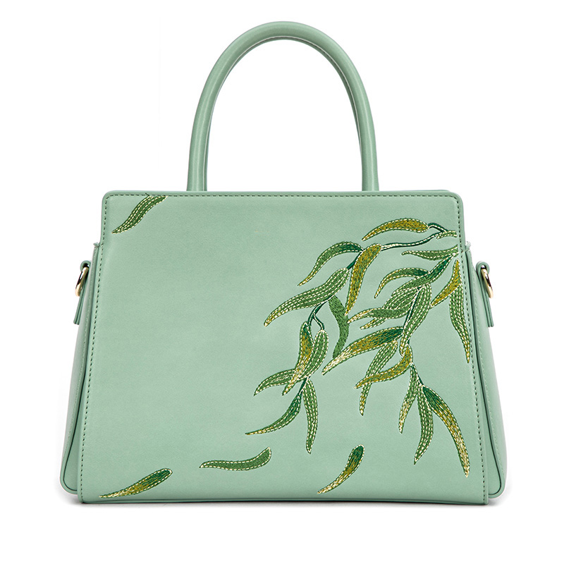 Green Leather Tote Bag Vegetal Embroidered Top Zip Closure