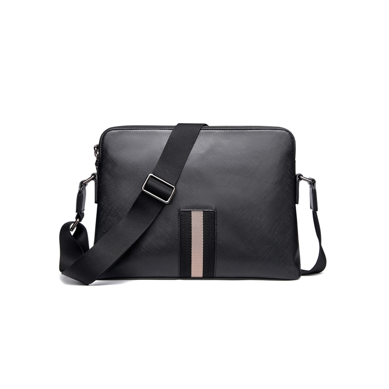 Business Men’s Strip Black Real Leather Laptop Crossbody Bags