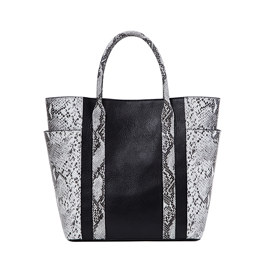 Customized Women Grain Cowhide with Snake Embossed  Leather Tote Handbag