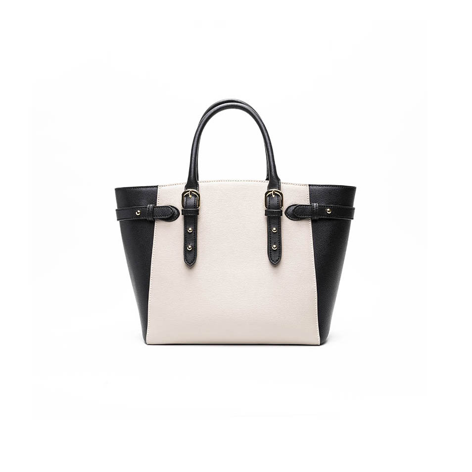 Women White and Black Genuine Cowhide Leather Tote Handbag