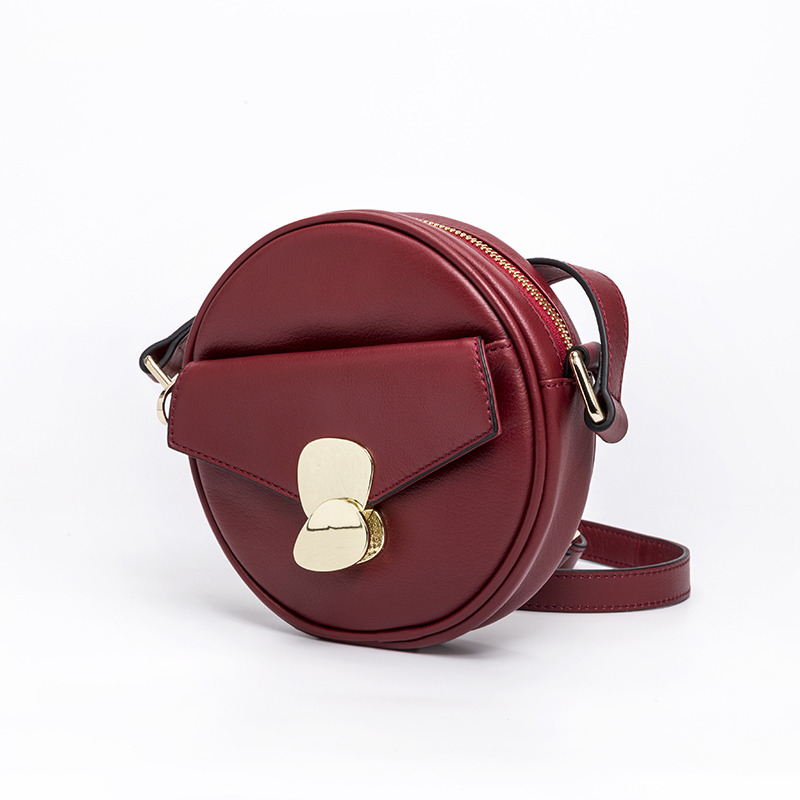 Wine Color round shape soft full grain leather crossbody bag with metal lock