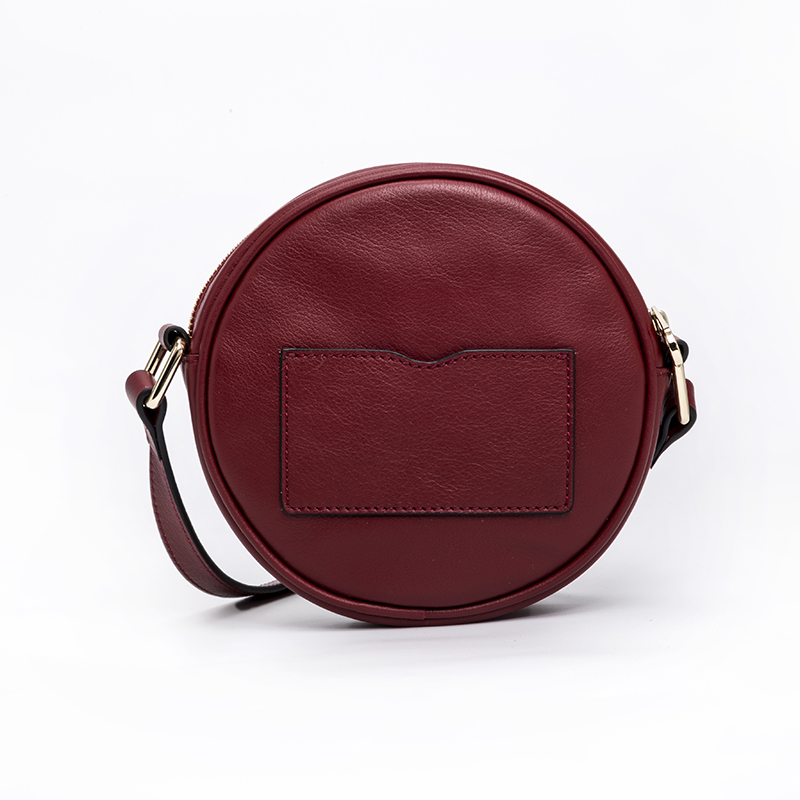 Wine Color round shape soft full grain leather crossbody bag with metal lock