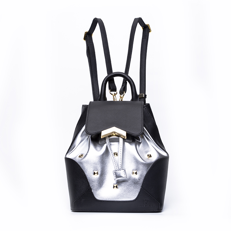 Custom Brand Fashion Designer Silver color Calf Leather backpack with studs