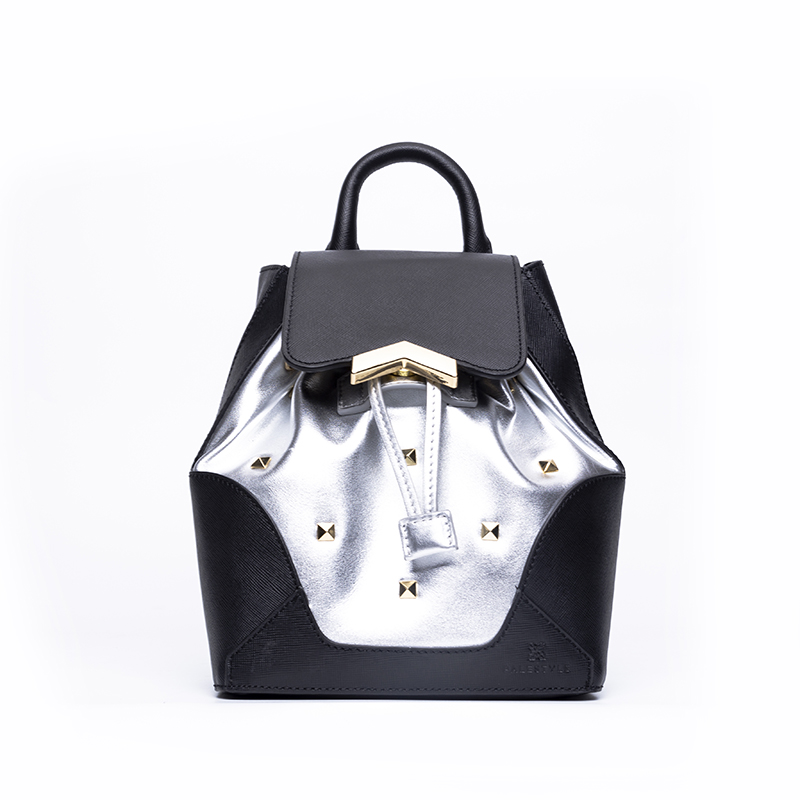 Custom Brand Fashion Designer Silver color Calf Leather backpack with studs