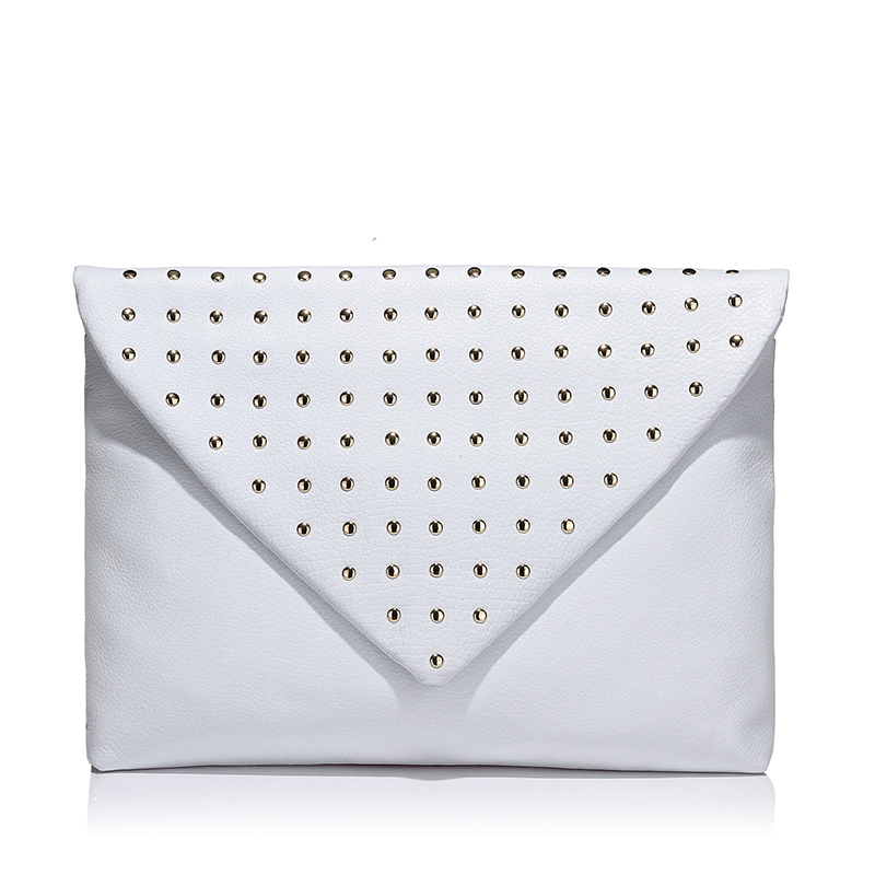 Custom white color full grain cow leather rock style women leather clutch with studs