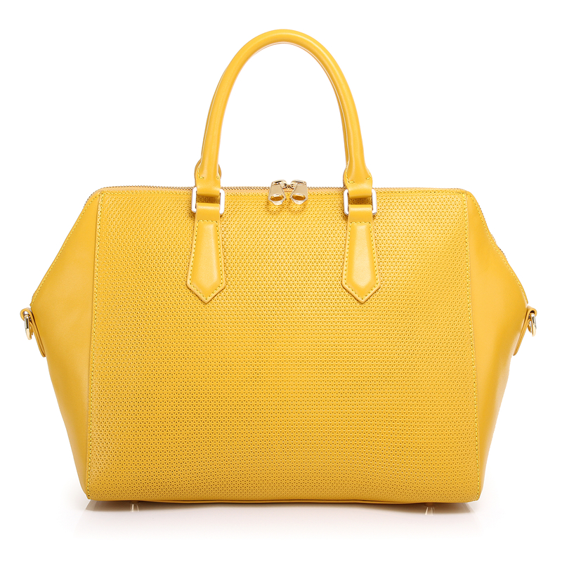 Fashion designer independent yellow color punching pattern calf leather tote handbags
