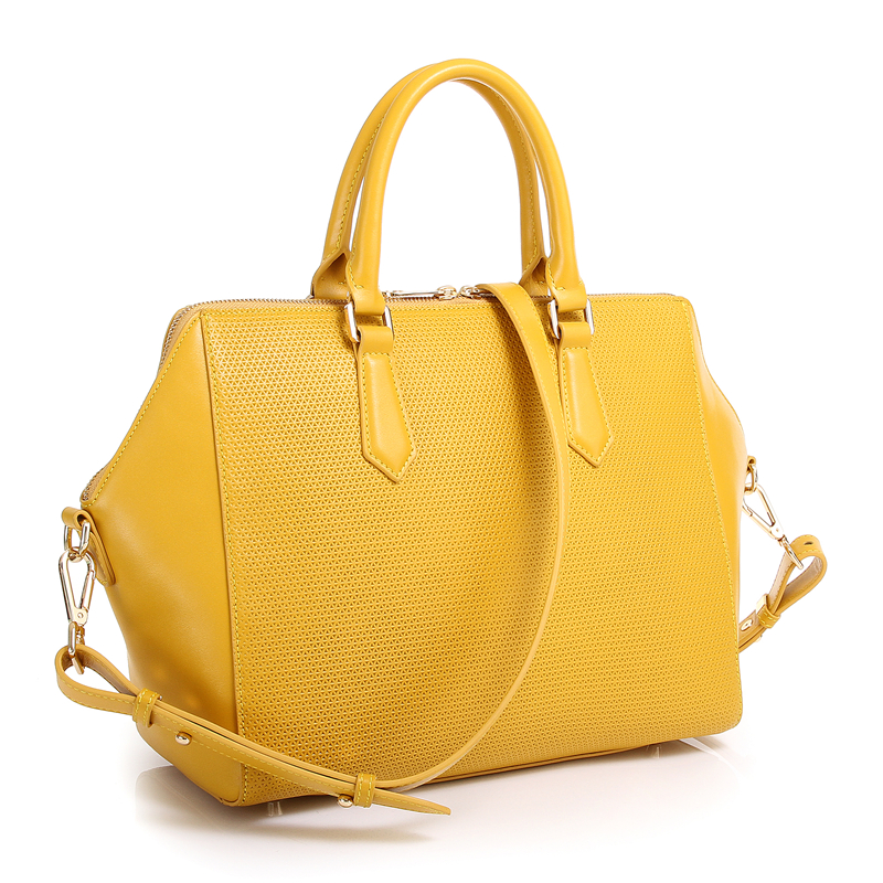 Fashion designer independent yellow color punching pattern calf leather tote handbags