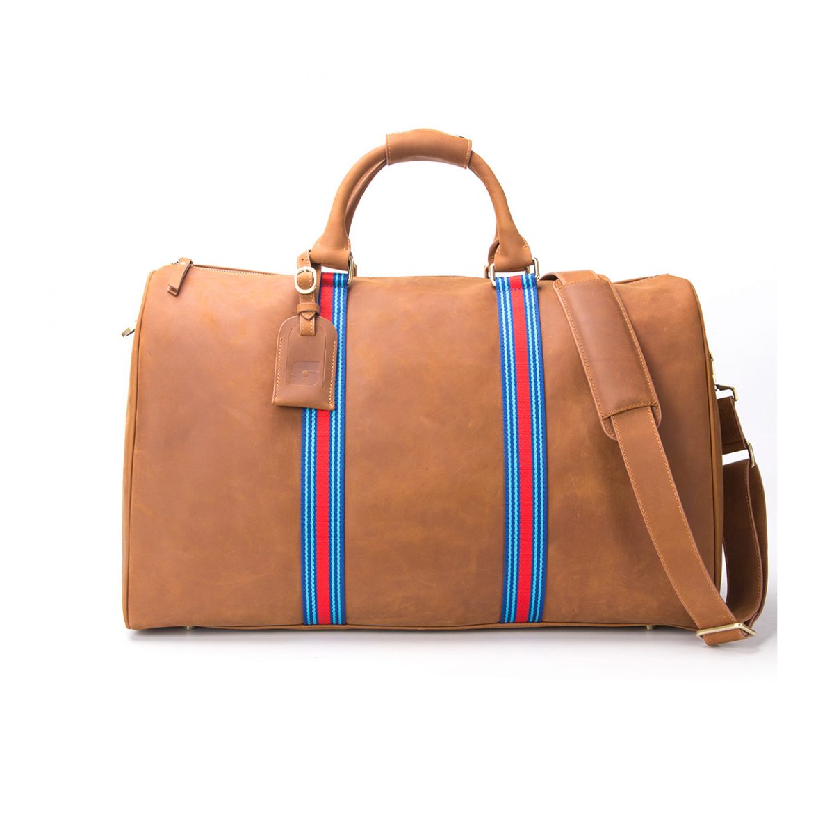 Customized Brown Large Capacity First Layer Cowhide Travel Bag with Multicolor Webbing Handle