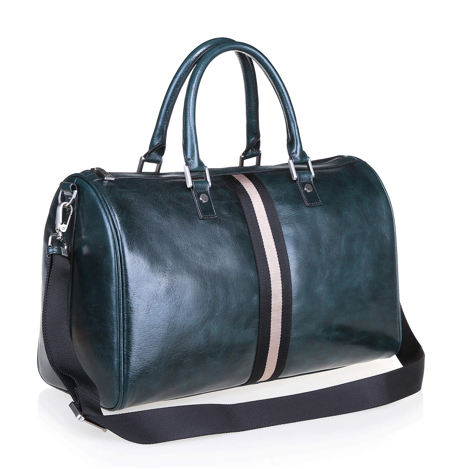 Dark green oil wax cowhide men’s travel bag with webbing on front