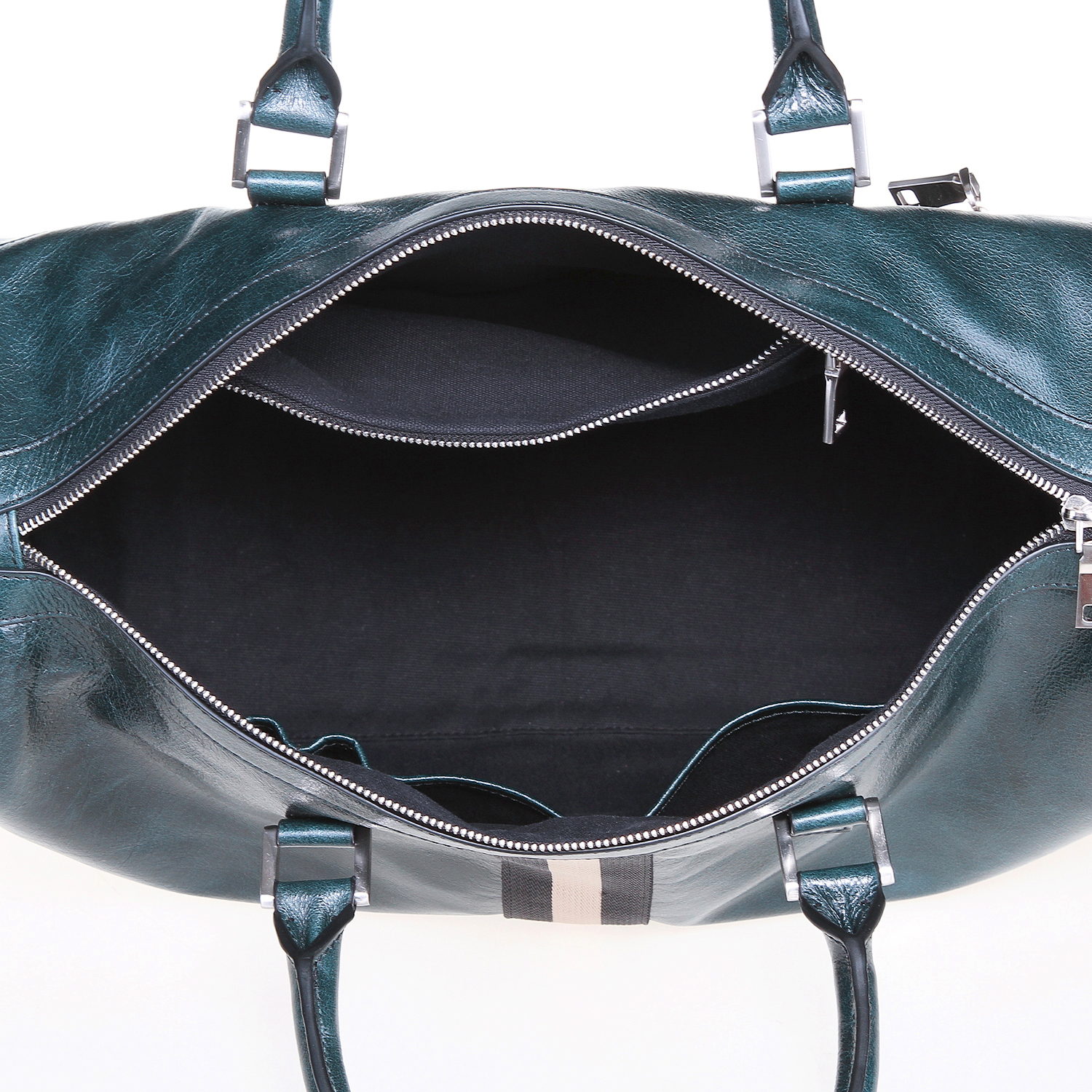 Dark green oil wax cowhide men’s travel bag with webbing on front