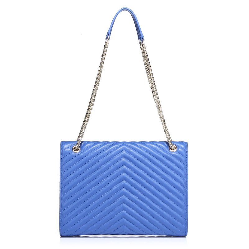 V Shape Stitching embroidery Blue Color Soft Sheep Leather Fashion Shoulder Bag for Ladies