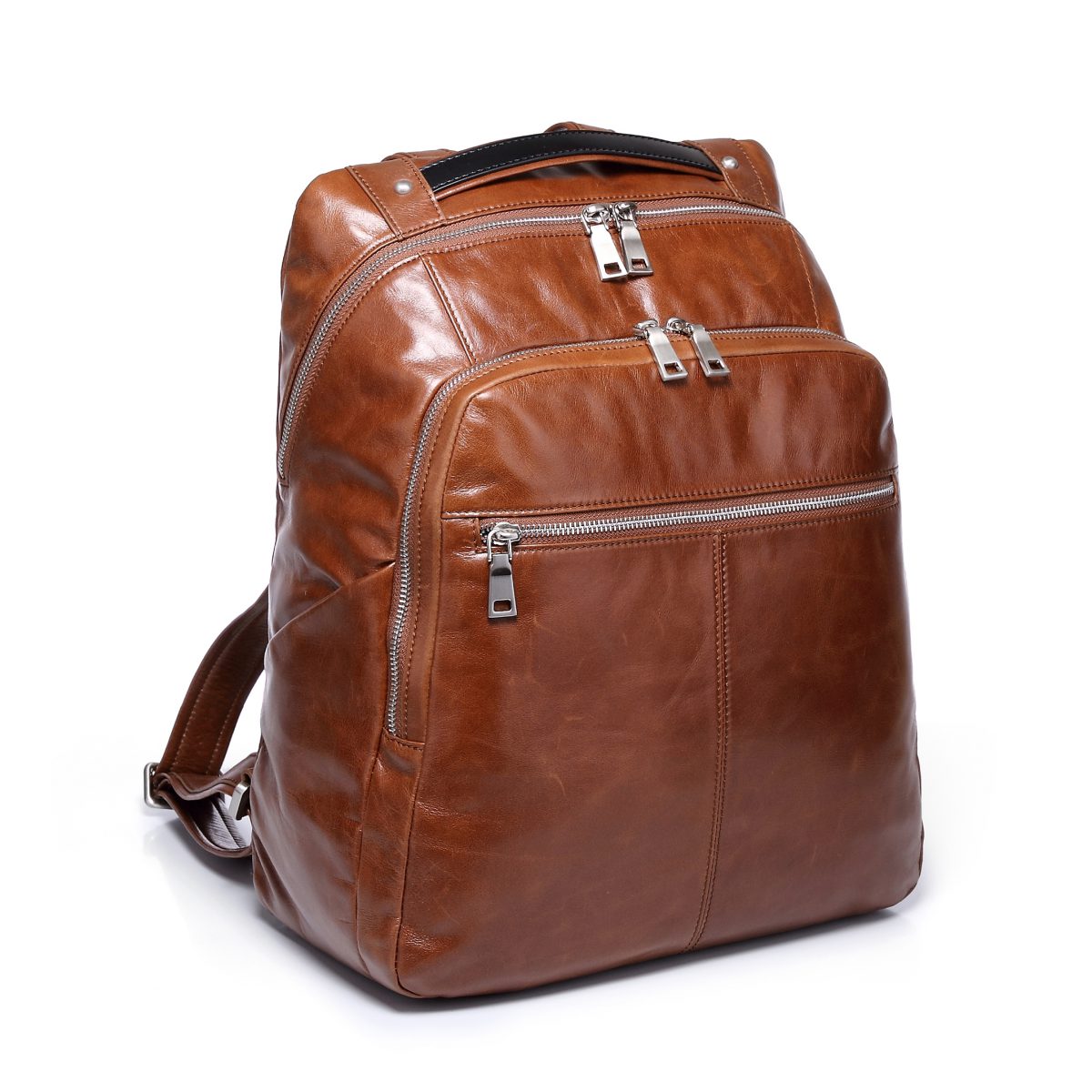 Double zipper Vintage brown cow leather men large backpack