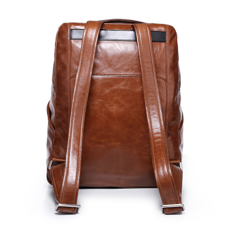 Double zipper Vintage brown cow leather men large backpack