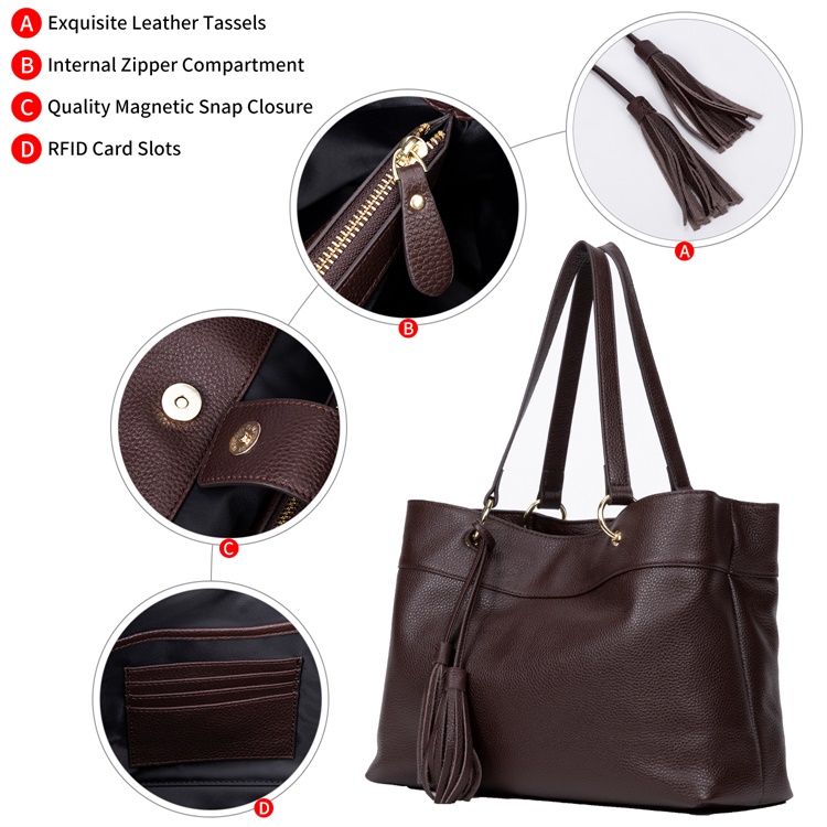 RFID Blocking Custom Full grain cow leather women large totes with card slots