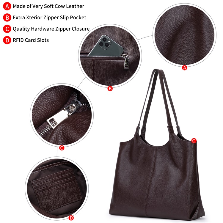RFID Soft Leather Handbags for Women Designer Zipper Tote Purse Premium Genuine Cow Leather Shoulder Bag