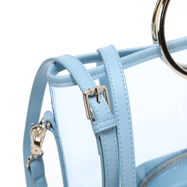 2020 fashion light blue color PVC tote handbag with crossbody bag inside