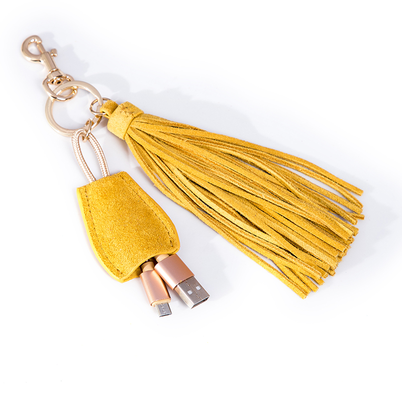 oem Yellow suede leather tassels with keychain and USB