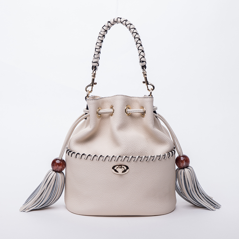 Bag Factory Custom New Fashion Designer Grain Leather Bucket bag with Woven Handle