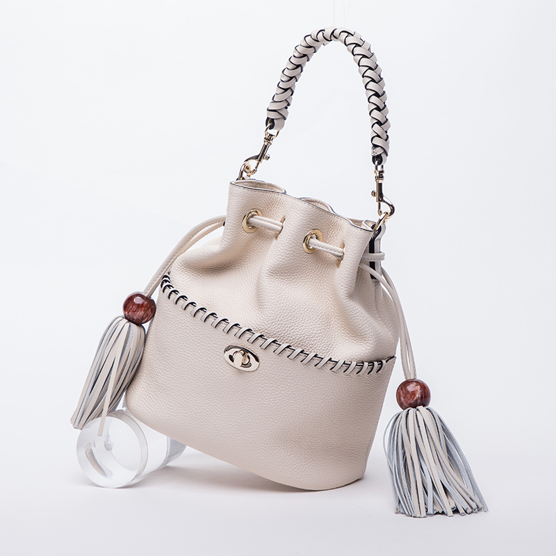 Bag Factory Custom New Fashion Designer Grain Leather Bucket bag with Woven Handle