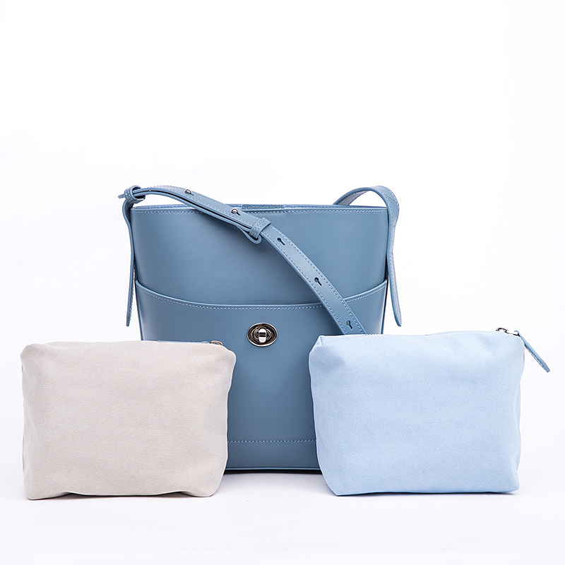 2020 fashion designer light blue color genuine leather handbag set with the inside pouch
