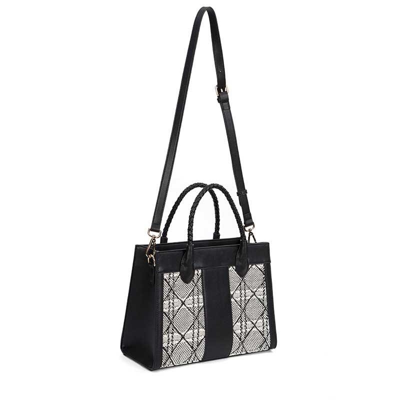 Square Tote Bag in Black Leather with Woven Handles