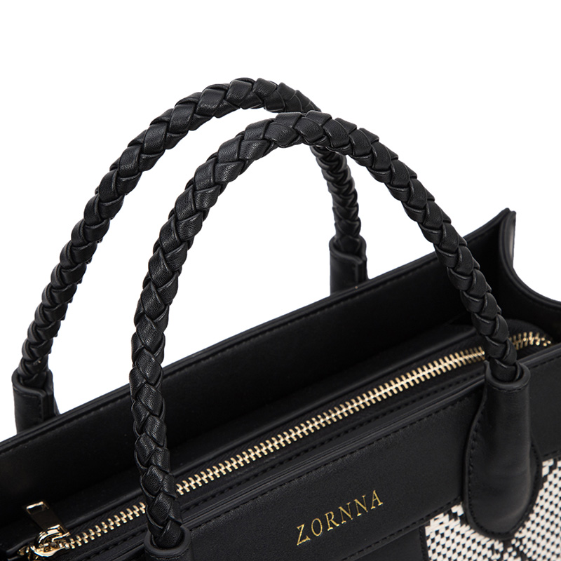 Square Tote Bag in Black Leather with Woven Handles
