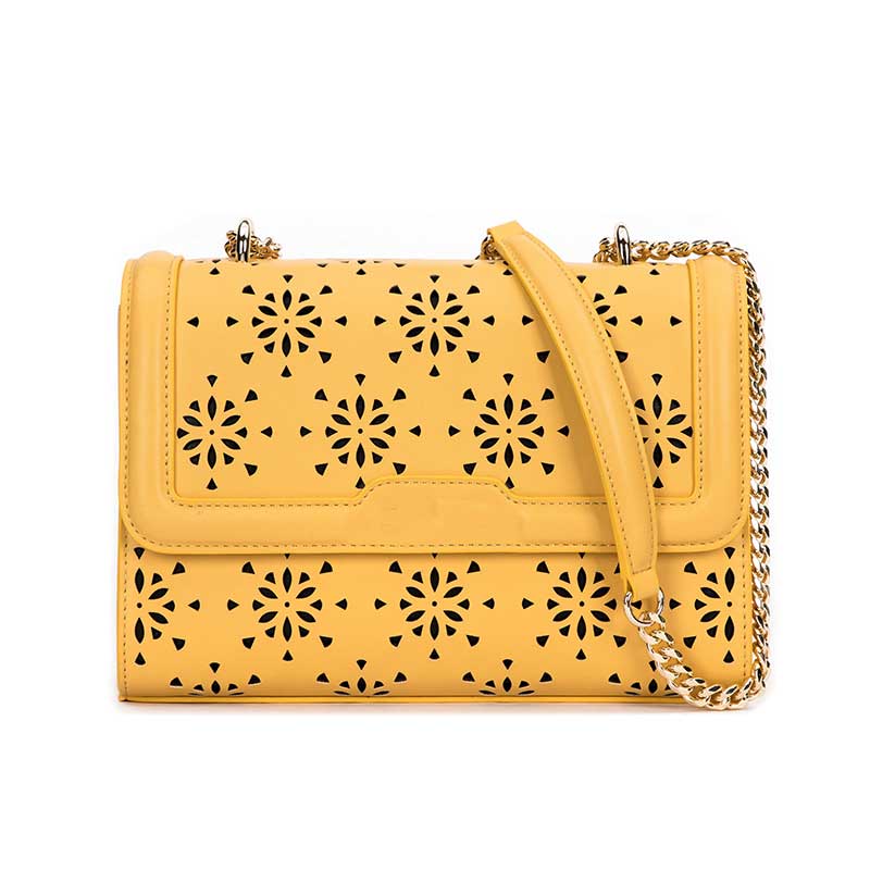 Yellow Leather Women’s Crossbody Bag Cutout Pattern Flap Closure