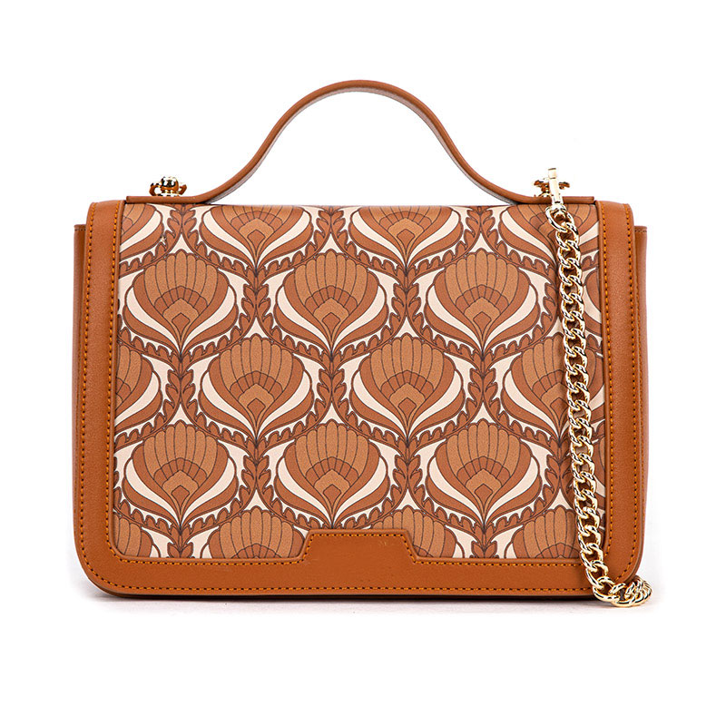 Brown Leather Women’s Crossbody Bag with Printed Flap Closure