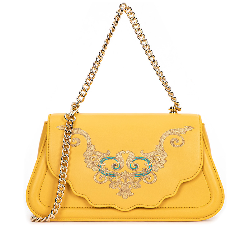 Yellow Leather Shoulder Tote Bag with Embroidered Pattern Flap Closure