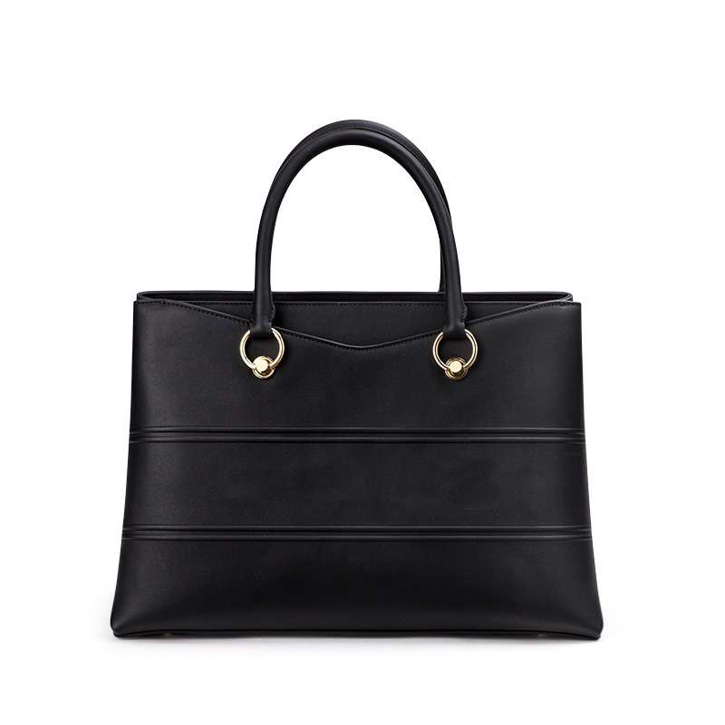 Black Large Leather Tote Bag with Letter Print