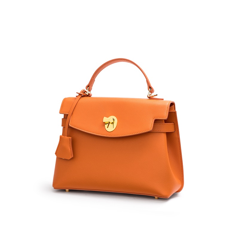 Orange Saffiano Leather Tote Bag Flap Closure with Foot Protector