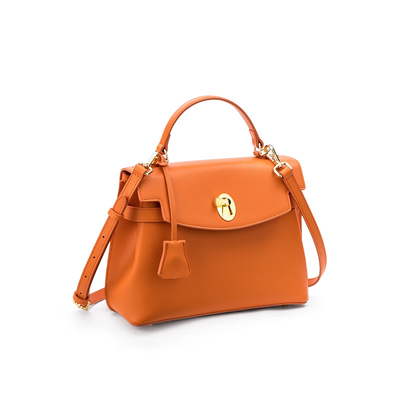 Orange Saffiano Leather Tote Bag Flap Closure with Foot Protector