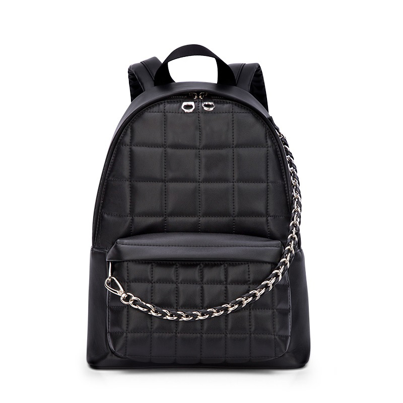 Black Student Backpack with Leather Quilting with Metal Chain