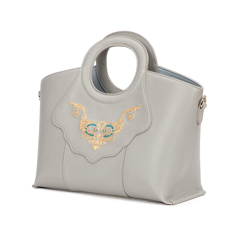 Gray Leather Round Handle Tote Bag with Embroidery