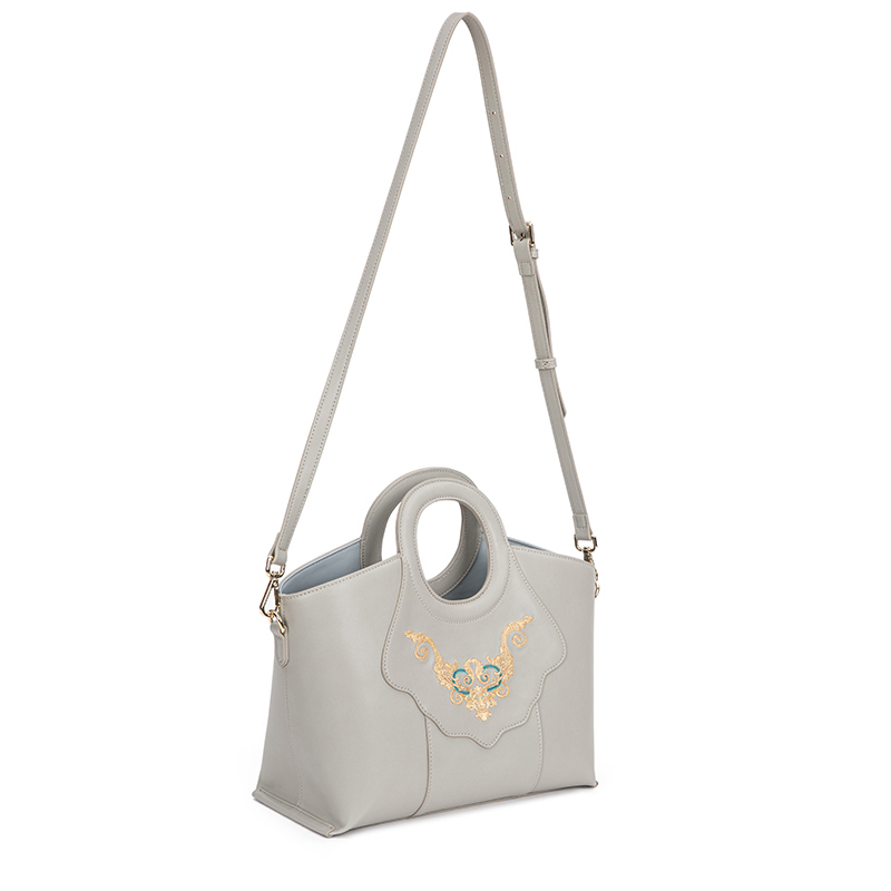 Gray Leather Round Handle Tote Bag with Embroidery