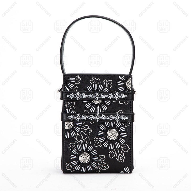 EMBROIDERY Black Leather Mini Bag for Lady