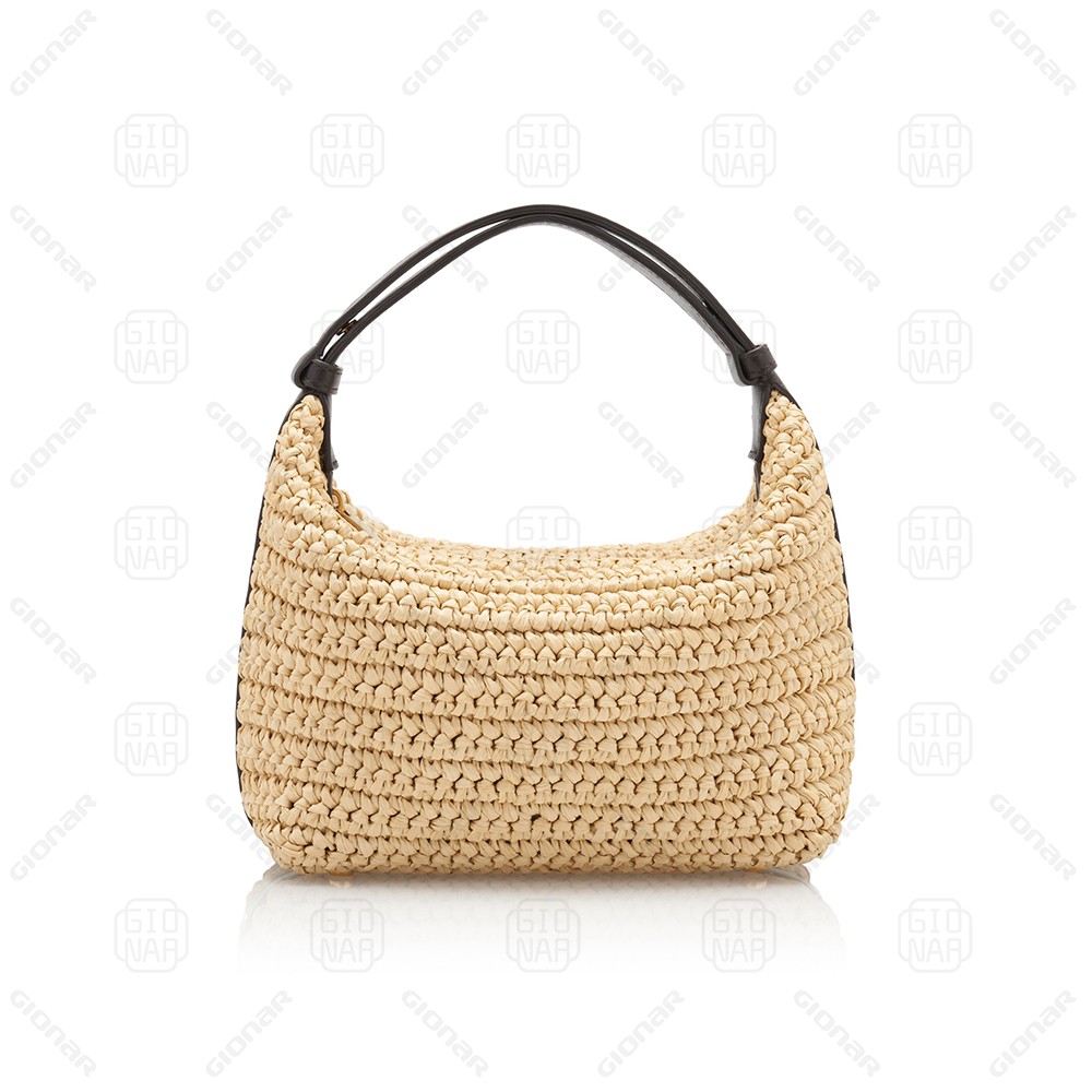 Raffia crochet shoulder bag with Intrecciato leather handle.