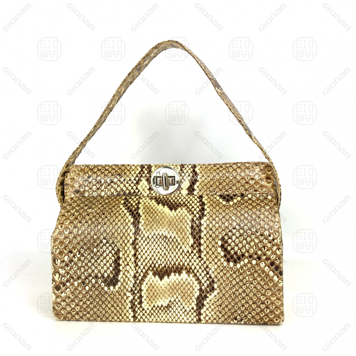 Vintage Boxy Python Skin Top Handle Handbag With Silver Postman’s Lock