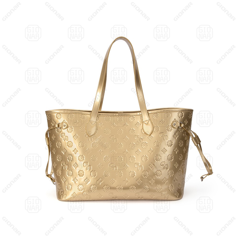 OEM Customize Luxury-level Golden Tote Bag with Full Embossing Logo PU Patent Leather Purse