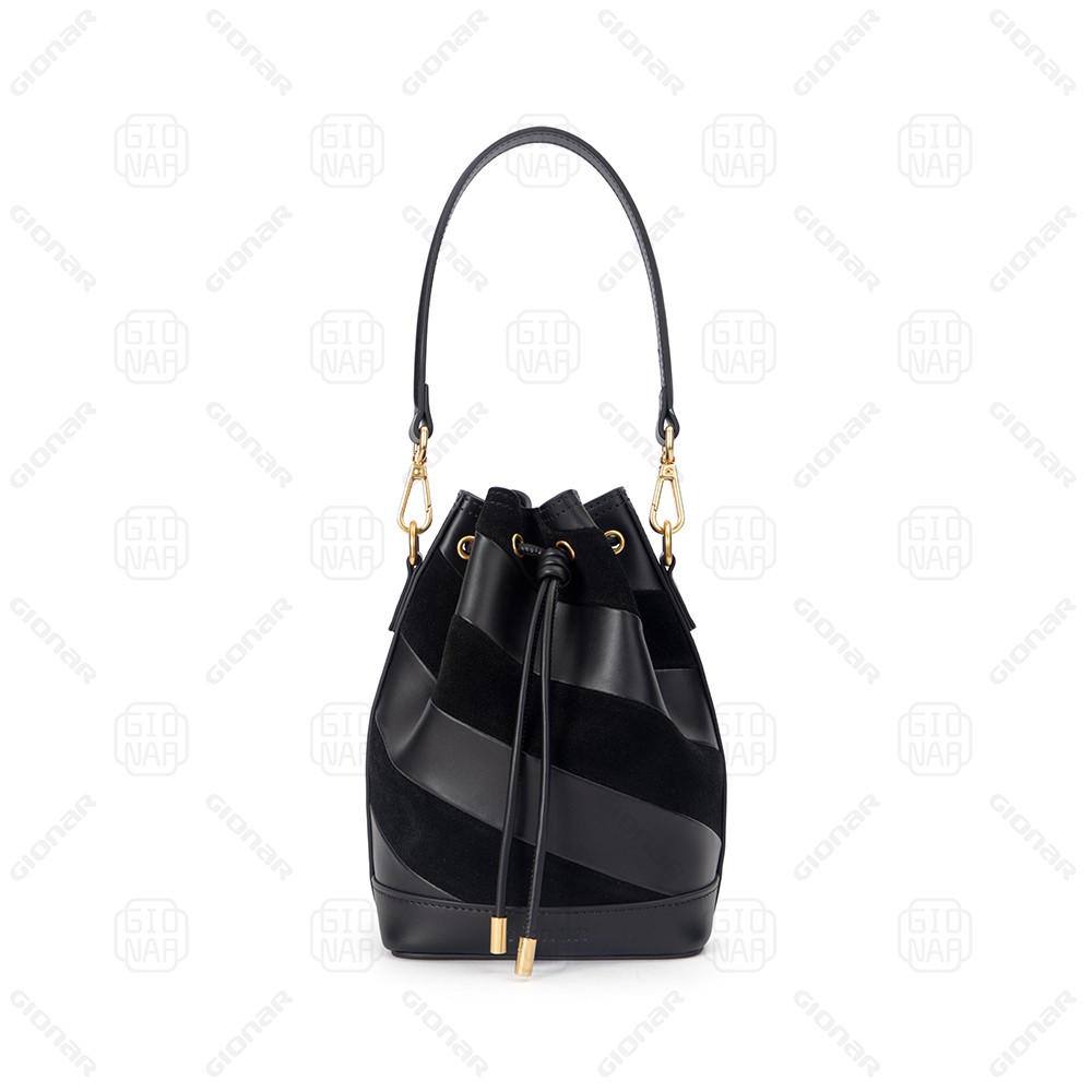 Customize Splicing Leather Bucket Bags for Women Genuine Leather Drawstring Tote Bag